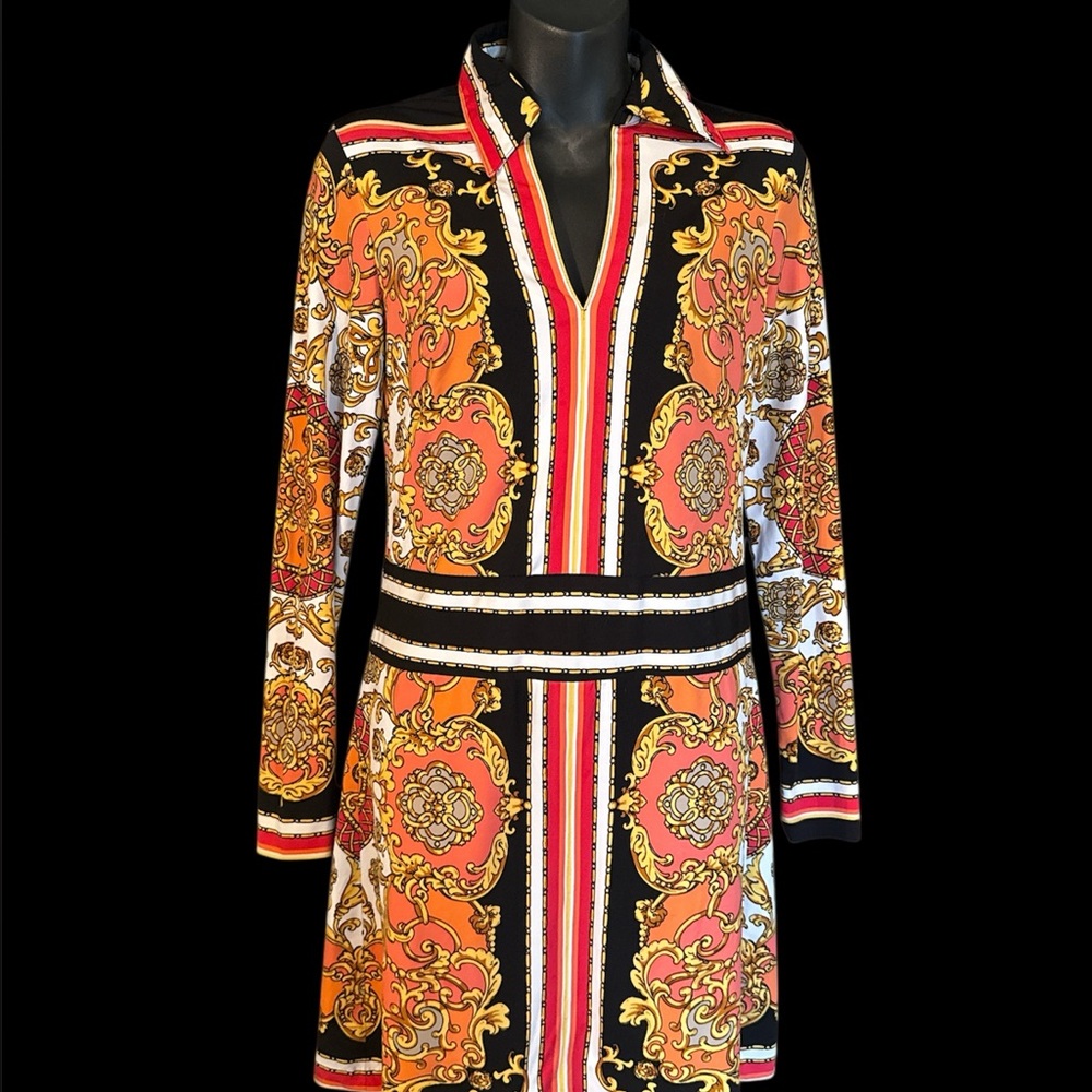 Cache Vibrant Orange and Black Long Sleeve Dress s small very versacestyle